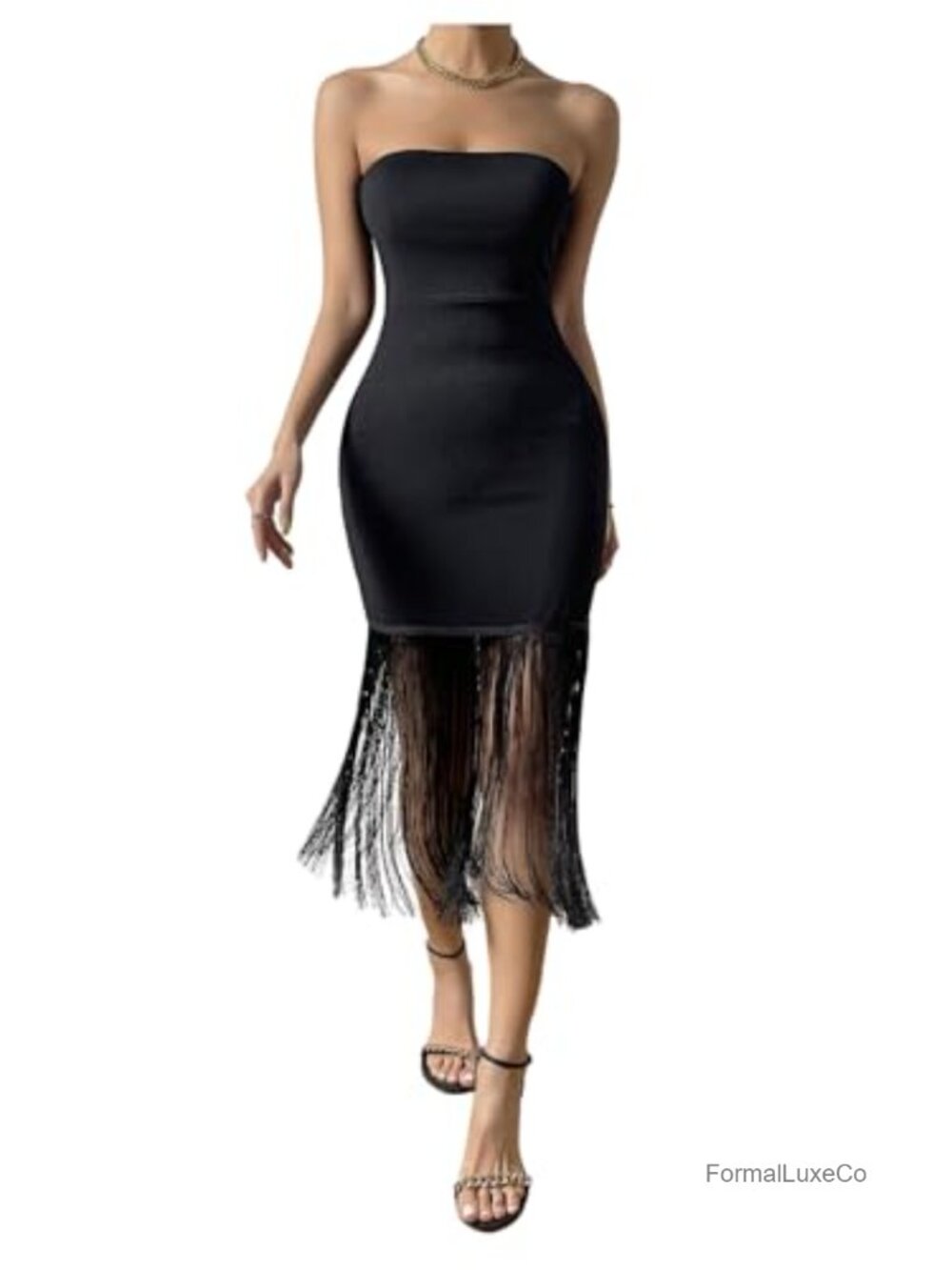 WDIRARA Fringe Tube Dress Bodycon Midi Strapless Sleeveless Party Cocktail